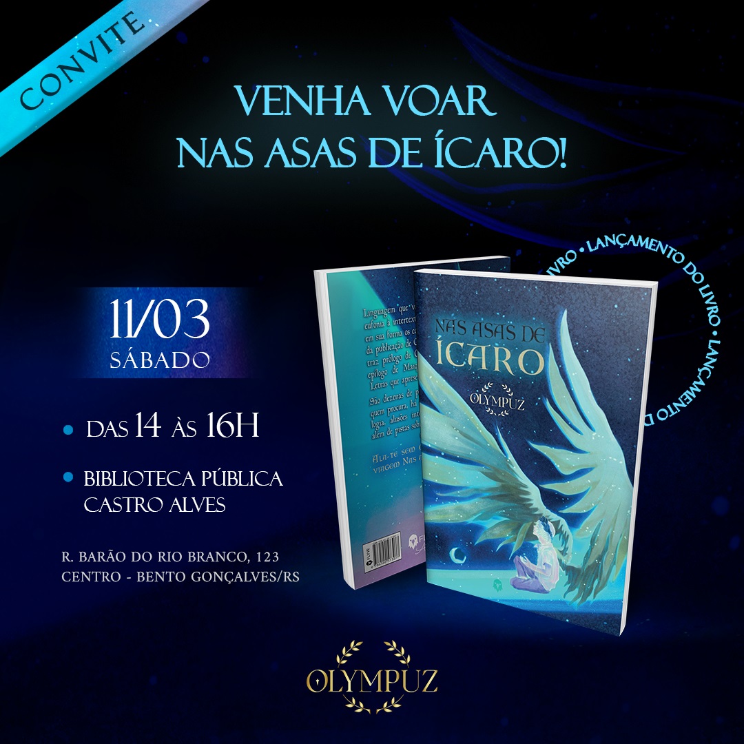 Convite para lançamento do seu novo livro de poemas, intitulado Nas asas de Ícaro.