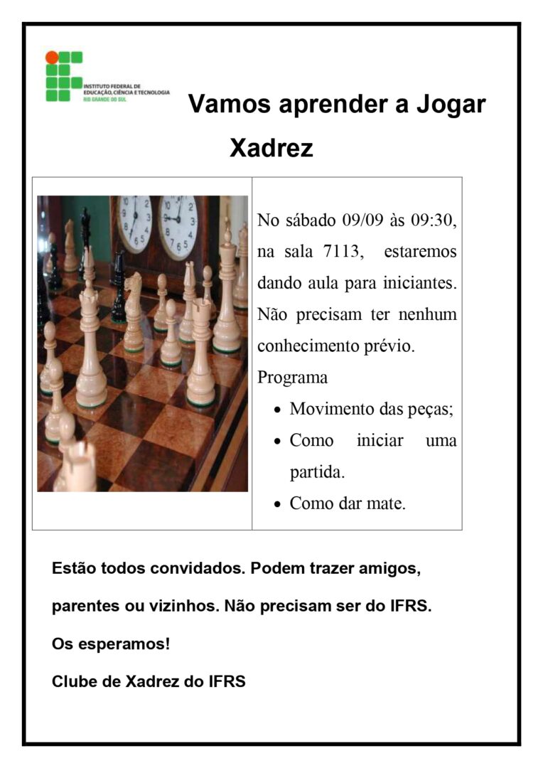 Clube de Xadrez do IFRS ministrará aula de xadrez à comunidade