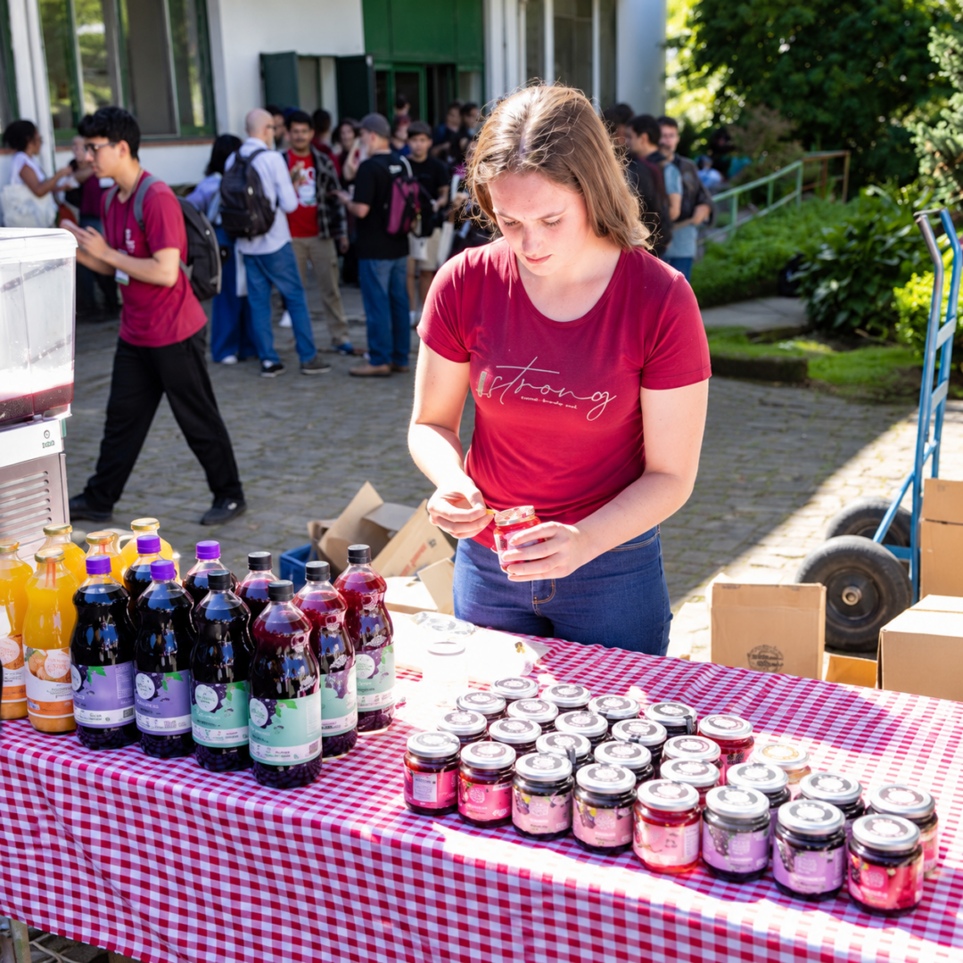 Mulher de camiseta vermelha organiza potes de geleia em banca com bebidas e alimentos durante feira ao ar livre.
