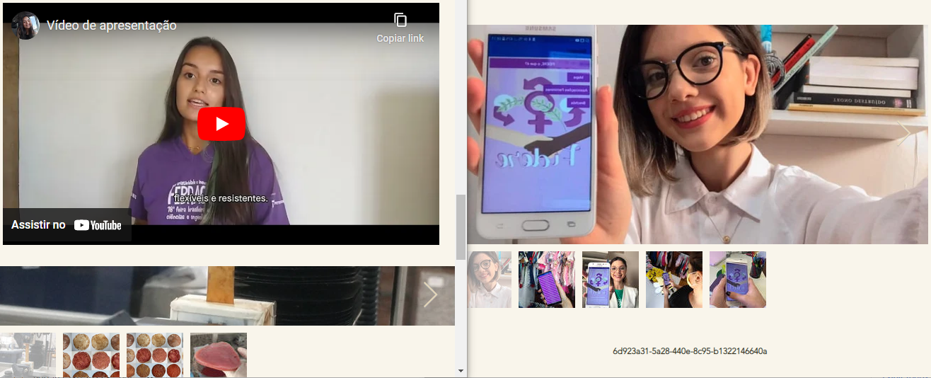 Imagem dividida em duas telas. No lado direito uma menina de óculos com cabelos e olhos castanhos apresenta a tela de um smartphone. Na esquerda estudante aparece em tela de vídeo no Youtube.