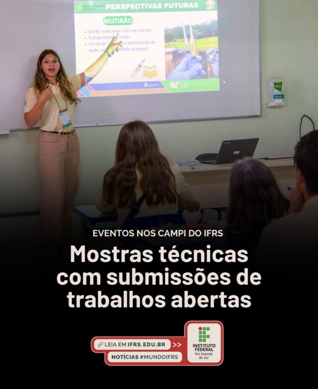 Diversos eventos anuais de Pesquisa, Ensino e Extens&atilde;o dos campi do IFRS est&atilde;o recebendo submiss&otilde;es de trabalhos. 

Caso o interessado queira participar de um evento apenas como ouvinte ou visitante, deve conferir as especifica&ccedil;&otilde;es no site do campus (link na bio). 

Mais informa&ccedil;&otilde;es, na not&iacute;cia em ifrs.edu.br