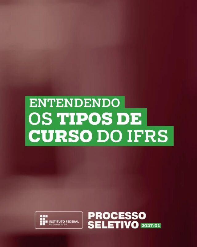 T&eacute;cnico Integrado? EJA? Concomitante? Subsequente? Gradua&ccedil;&atilde;o? 🎓 

No Processo Seletivo 2027/1, o IFRS oferece diferentes possibilidades de forma&ccedil;&atilde;o - e cada uma tem caracter&iacute;sticas e formas de sele&ccedil;&atilde;o: prova, nota do Enem ou sorteio, conforme o curso.

👉 Quer entender qual &eacute; a op&ccedil;&atilde;o certa para o seu momento de estudos? Arrasta para o lado e confira mais detalhes.

💻 Conhe&ccedil;a os cursos com vagas abertas em ingresso.ifrs.edu.br (link na bio)

⚠️ O IFRS &eacute; uma institui&ccedil;&atilde;o p&uacute;blica e gratuita. Voc&ecirc; n&atilde;o paga mensalidade para estudar aqui! 

Em 2027, venha fazer parte do #MundoIFRS! 🚀
#EstudeNoIFRS