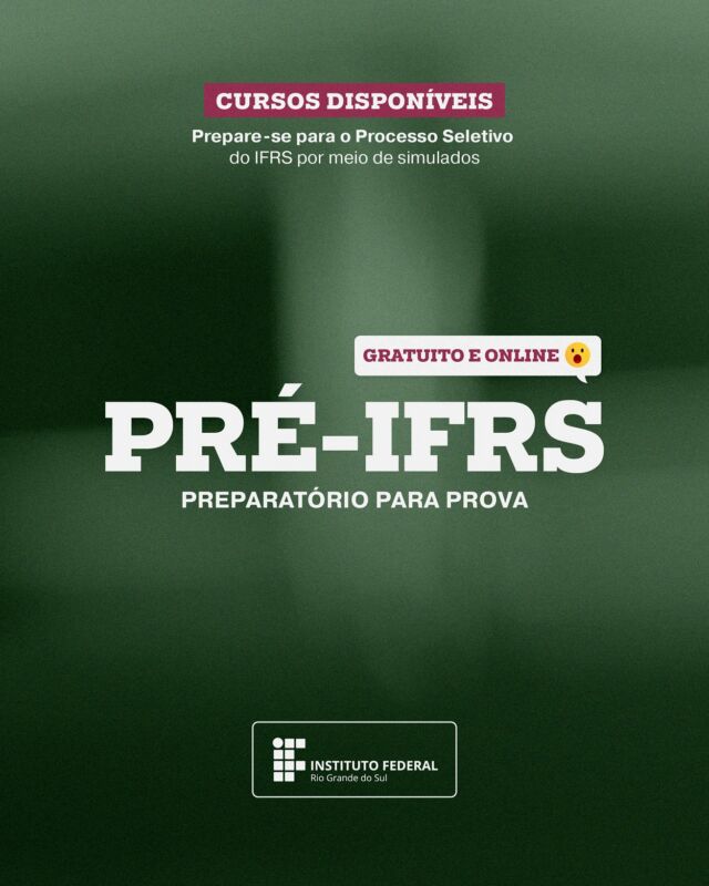 📚 Vai fazer a prova do IFRS? Conhe&ccedil;a o Pr&eacute;-IFRS! Uma prepara&ccedil;&atilde;o gratuita e online para o Processo Seletivo 2027/1! 

🔎 O que &eacute; o Pr&eacute;-IFRS?
Um apoio para quem vai concorrer a uma vaga por prova. &Eacute; online na plataforma Moodle. O conte&uacute;do &eacute; baseado em provas simuladas de processos seletivos anteriores do IFRS e de outras institui&ccedil;&otilde;es. 📝

O que voc&ecirc; encontra:
✅ Material resolvido e comentado por professores
✅ Informa&ccedil;&otilde;es sobre o Instituto e seus campi
✅ As oportunidades de forma&ccedil;&atilde;o oferecidas

Como participar:
📌 Inscri&ccedil;&atilde;o on-line, aberta a qualquer interessado
📌 As atividades come&ccedil;am imediatamente
📌 Acesse pelo Moodle do IFRS (link na bio 🔗)

📖 Outras formas de se preparar:
Provas e gabaritos anteriores est&atilde;o dispon&iacute;veis no site de ingresso do IFRS: ingresso.ifrs.edu.br 🏫
O conte&uacute;do das provas de 2027 est&aacute; detalhado no edital de ingresso. 📄

⏰ Estude no seu ritmo! 💪

🔗 Pr&eacute;-IFRS: moodle.ifrs.edu.br
🔗 Provas anteriores e edital: ingresso.ifrs.edu.br
👉 Links na bio!