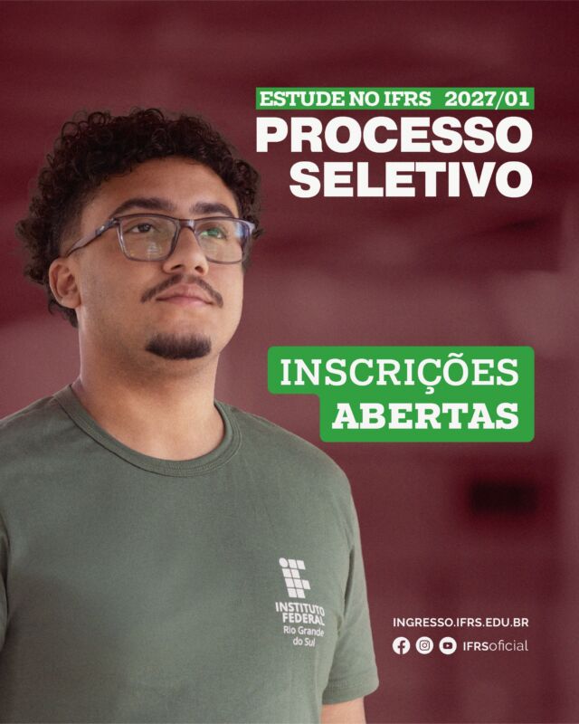 📣 Est&atilde;o abertas as inscri&ccedil;&otilde;es no Processo Seletivo 2027/1, at&eacute; 19 de outubro! 🎓

O IFRS &eacute; p&uacute;blico. Os cursos n&atilde;o t&ecirc;m mensalidades!

Arraste para o lado e saiba mais: como solicitar inscri&ccedil;&atilde;o gratuita, valores da taxa e prazos.

⚠️ Importante: para a inscri&ccedil;&atilde;o, o candidato precisa ter login no Gov.br (em seu pr&oacute;prio nome/CPF). 

Conhe&ccedil;a os detalhes dos cursos com vagas neste Processo Seletivo: o campus que oferta, a &aacute;rea do conhecimento, turno e a forma de sele&ccedil;&atilde;o de cada um. Confira em ingresso.ifrs.edu.br (link na bio)

Em 2027, fa&ccedil;a parte do #MundoIFRS