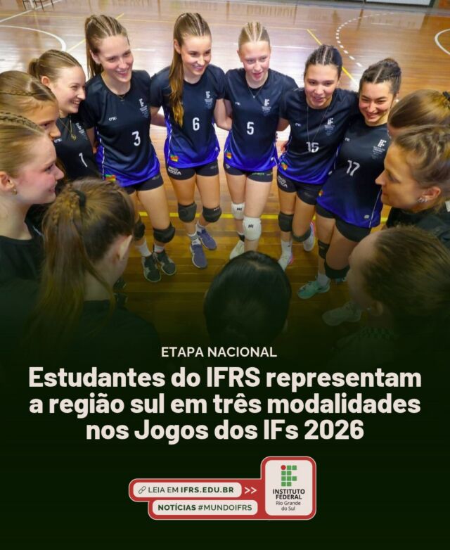 🥇 O IFRS vai representar a regi&atilde;o Sul do Brasil em tr&ecirc;s modalidades nos Jogos das Institui&ccedil;&otilde;es Federais (JIFs) 2026. Futsal masculino, v&ocirc;lei feminino e salto em dist&acirc;ncia masculino ter&atilde;o estudantes do IFRS nas competi&ccedil;&otilde;es. O evento ocorre de 19 a 23 de outubro, em Goi&acirc;nia/Goi&aacute;s. 

A delega&ccedil;&atilde;o do IFRS ser&aacute; composta por 25 pessoas, sendo tr&ecirc;s professores e 22 alunos. O lugar na competi&ccedil;&atilde;o nacional foi conquistado porque esses atletas obtiveram o melhor desempenho nas disputas dos Jogos dos IFs da Regi&atilde;o Sul, em setembro, recebendo a medalha de ouro. 

Equipes IFRS no JIFs 2026:

⚽ Futsal &ndash; Masculino: Equipe IFRS (campi Rio Grande, Sert&atilde;o, Bento Gon&ccedil;alves e Ibirub&aacute;) 

🏐 V&ocirc;lei &ndash; Feminino: Equipe IFRS (campi Feliz, Caxias do Sul e Veran&oacute;polis)

🏃&zwj;♂️ Salto em Dist&acirc;ncia &ndash; Masculino: Jo&atilde;o Pedro Cust&oacute;dio (Campus Restinga)

Confira a mat&eacute;ria completa no ifrs.edu.br (link na bio).