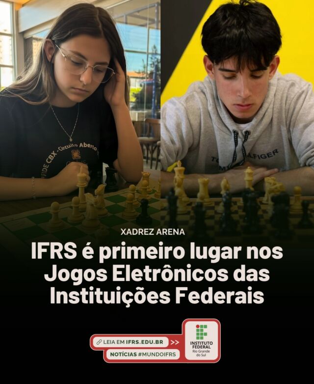🏅 👏 O IFRS mandou bem nos Jogos Eletr&ocirc;nicos das Institui&ccedil;&otilde;es Federais (eJIF) 2026! S&atilde;o tr&ecirc;s medalhas na conta: duas de ouro e uma de bronze. A competi&ccedil;&atilde;o ocorreu de forma on-line, de 16 de setembro a 16 de outubro, reunindo estudantes de Institutos Federais de todo o pa&iacute;s e tamb&eacute;m dos Cefets Rio de Janeiro e Minas Gerais e do Col&eacute;gio Pedro II. 

O IFRS ficou com os primeiros lugares na modalidade Xadrez Arena, feminino e masculino, sendo representado por Lu&iacute;sa Benedeto de Lima, do Campus Alvorada (curso t&eacute;cnico em Inform&aacute;tica para a Internet); e Filipe Dusik da Silva Egres, do Campus Canoas (curso t&eacute;cnico de Desenvolvimento de Sistemas).

A equipe do IFRS que competiu no game Valorant recebeu a terceira coloca&ccedil;&atilde;o nacional. Outros participantes do IFRS obtiveram bons desempenhos, e a equipe de League of Legends chegou at&eacute; as quartas de final.

Confira a not&iacute;cia completa em ifrs.edu.br (link na bio)

#MundoIFRS #Jogos #eJifs